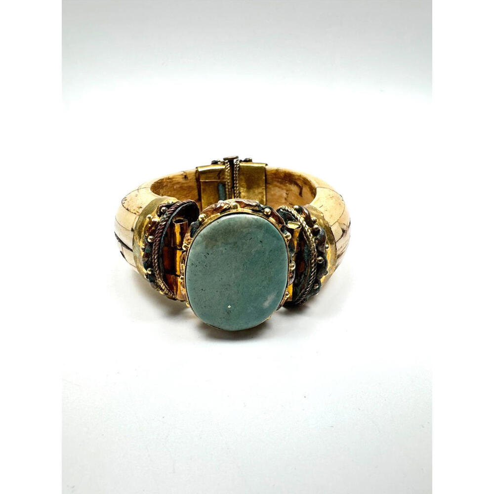 Vintage Bone Inlay Bracelet Turquoise Cabochon Hinged Boho Statement